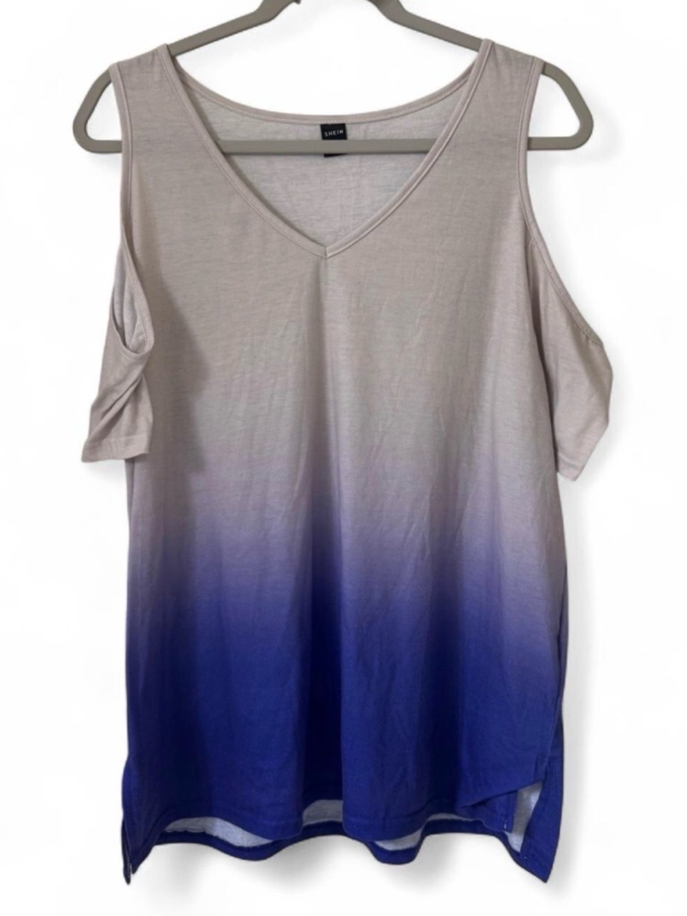 SHEIN Gray to Blue Ombre Cold-Shoulder V-Neck Tank Top
